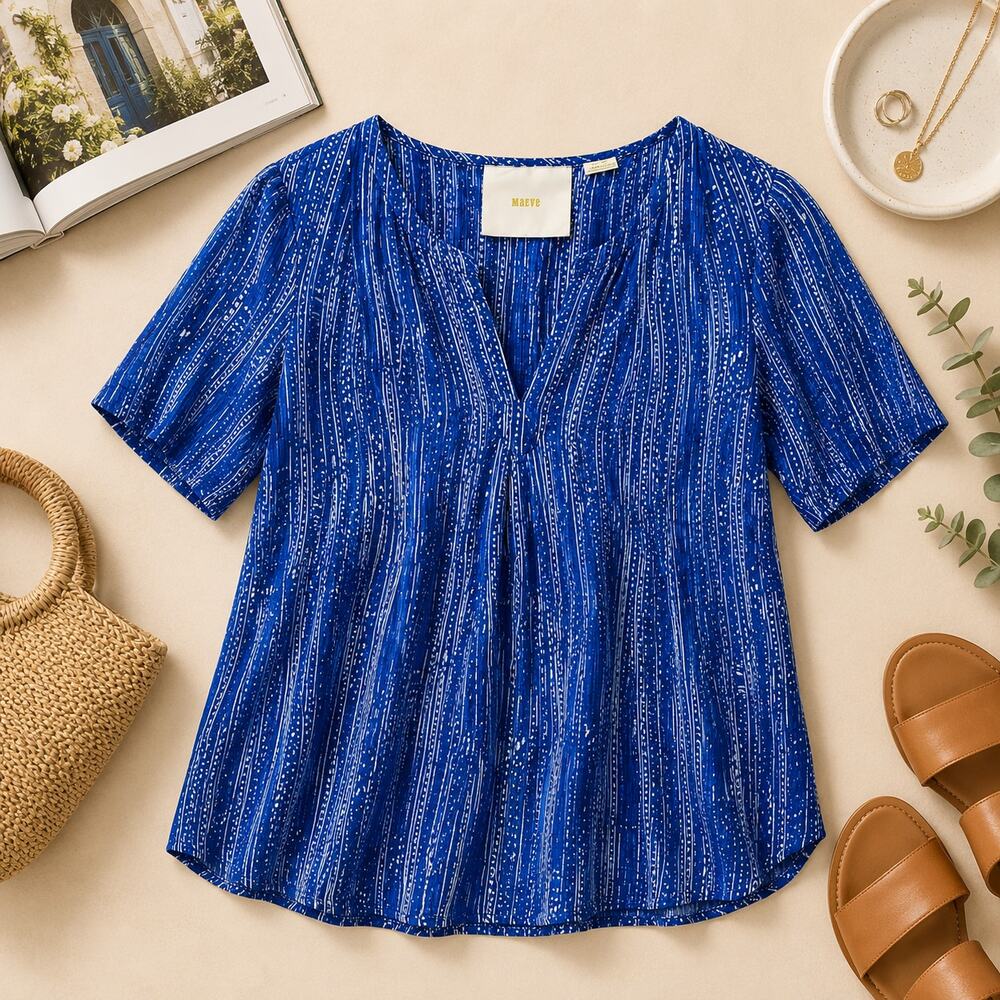 Anthropologie Maeve Blue Print Swing Top Short Sleeve Cotton Size 0